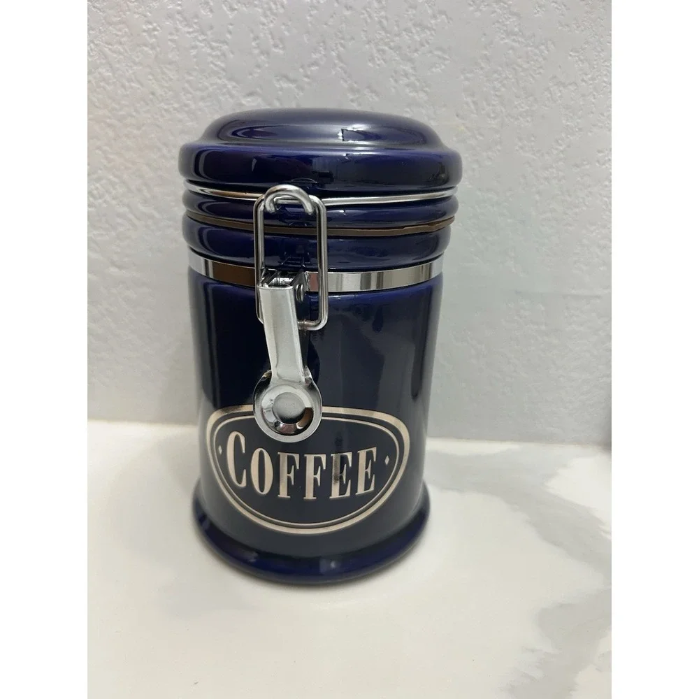 Vintage Cobalt Blue Coffee  Ceramic Canister Stainless Lock Airtight 6.75